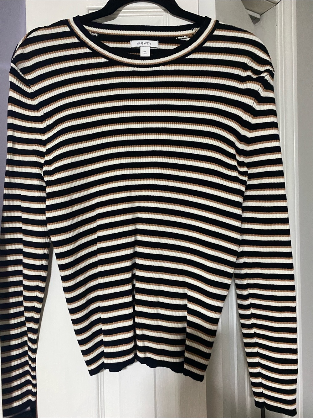 Nine West Black, Cream & Brown Striped Crewneck Sweater